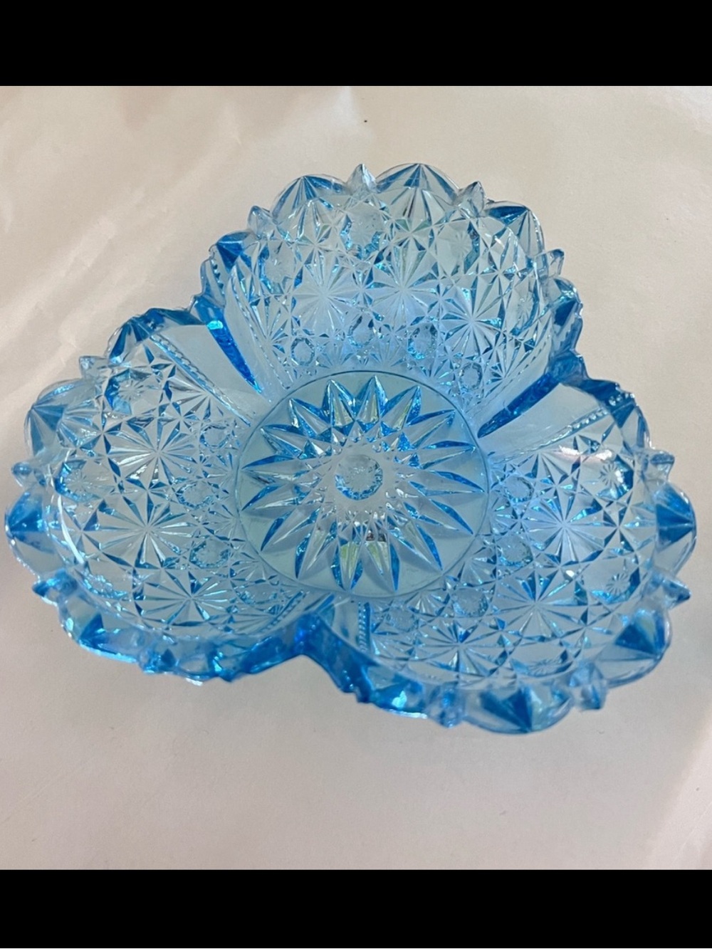 Imperial Glass Daisy &Button Cloverleaf Dish Ice Blue Pressed Glass Bowl Vintage